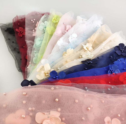 Beading Embroidery Rhinestone Nylon Wedding Net Tulle Mesh Beaded Lace Fabric